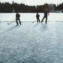 Painting of people playing shinny or pond hockey on northern lake.