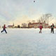 Painting of kids playing football in the snow