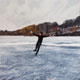 Painting of figure skater on frozen pond.