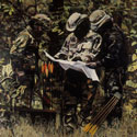 Painting of three hunters with map