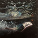 Trippy dark painting of a boy swimming in an underwater galaxy.